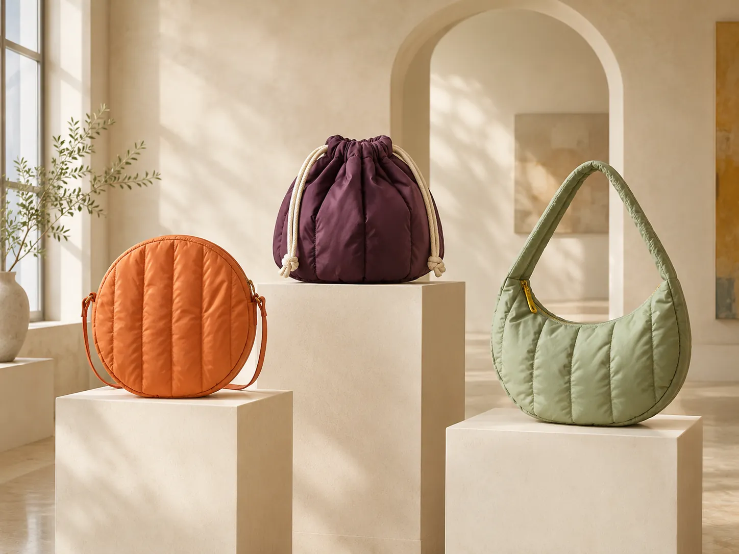 Three quilted bags displayed like sculptures on cream plinths in a gallery room
