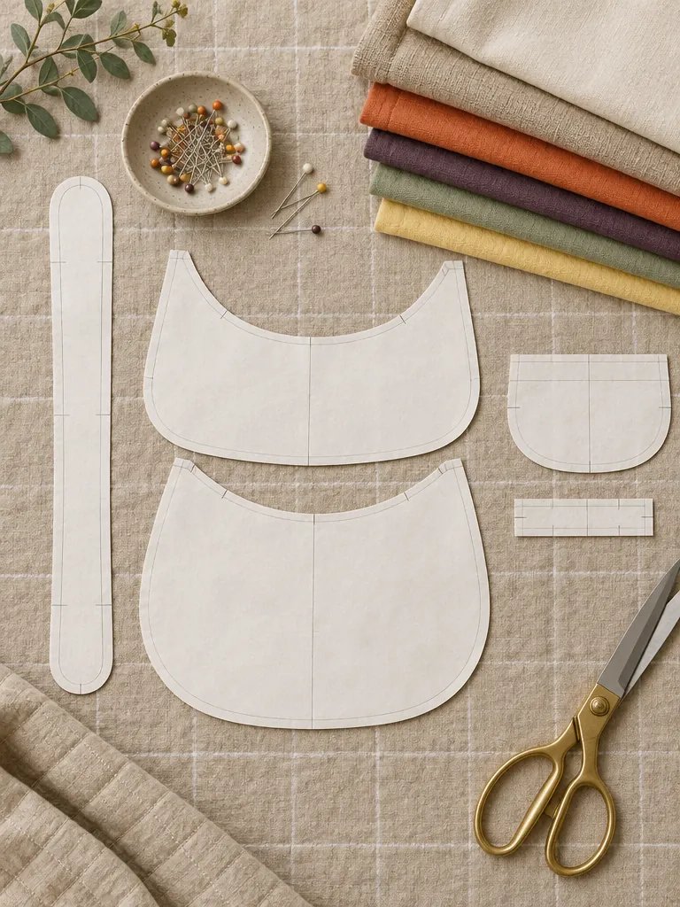Paper pattern pieces laid on quilted oat fabric with chalk guide lines