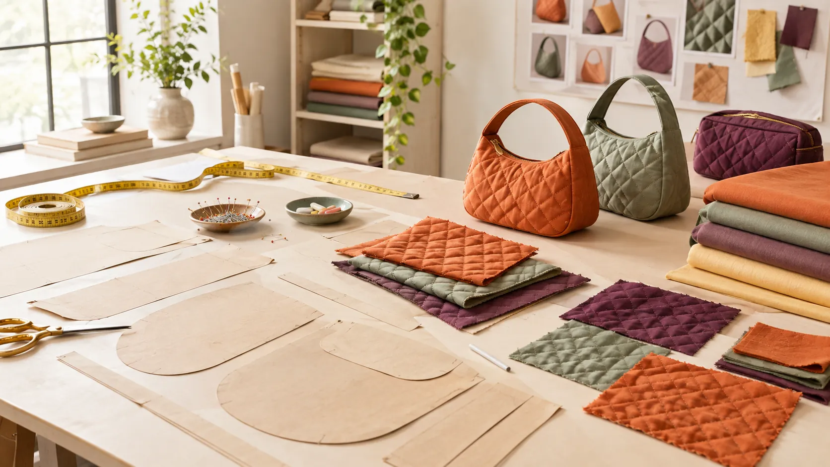 A pattern-cutting table with paper pattern pieces and quilted fabric swatches