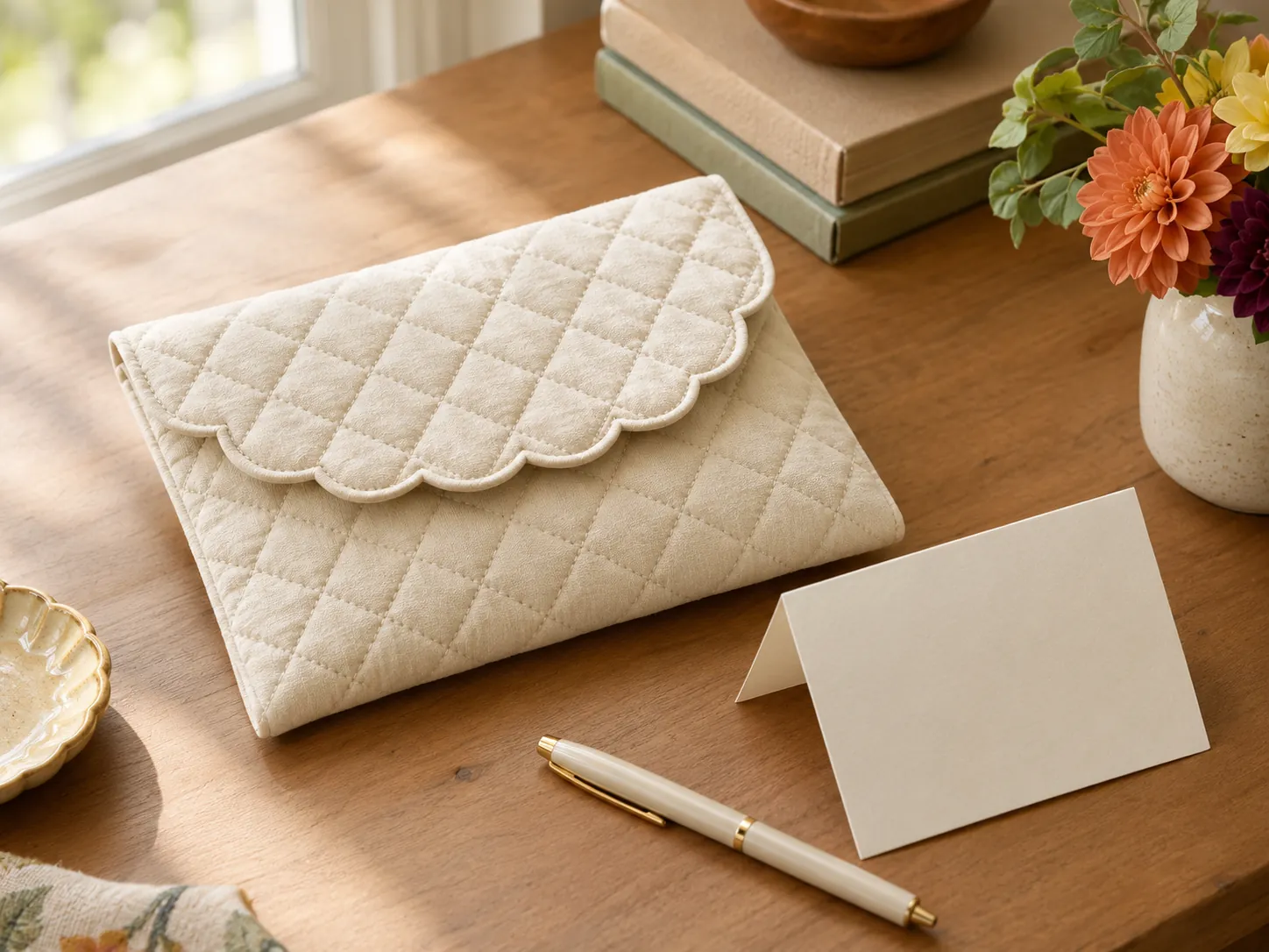 A cream quilted envelope pouch beside a blank notecard on a desk
