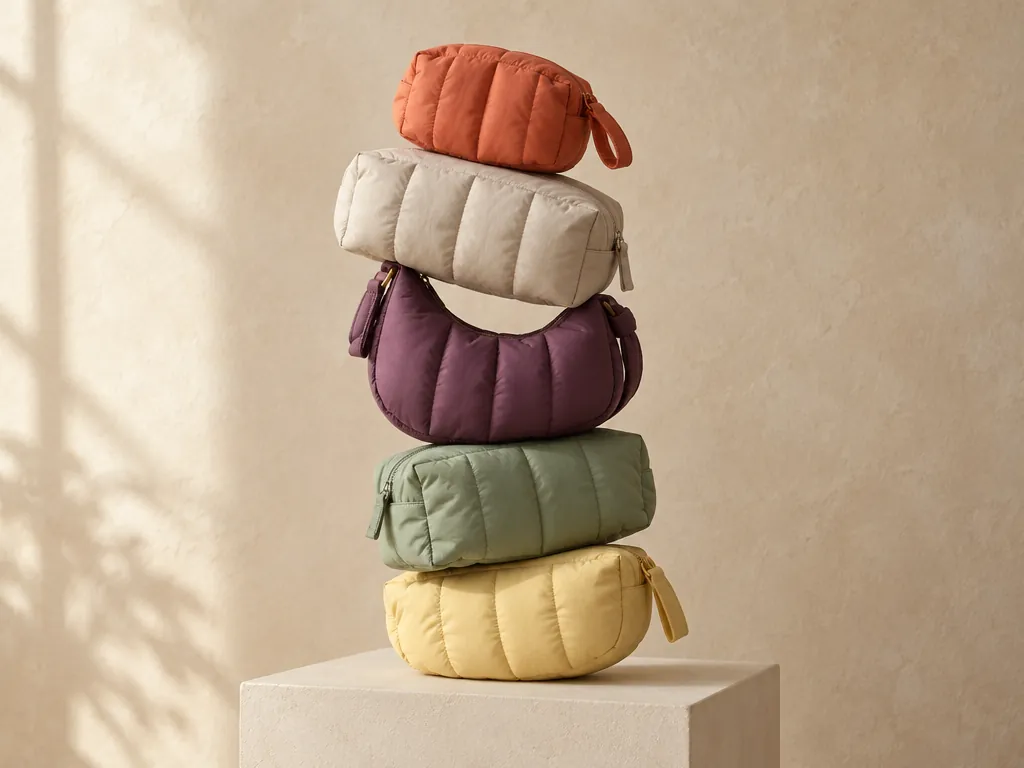 Quilted pouches and mini bags balanced on top of each other like stones