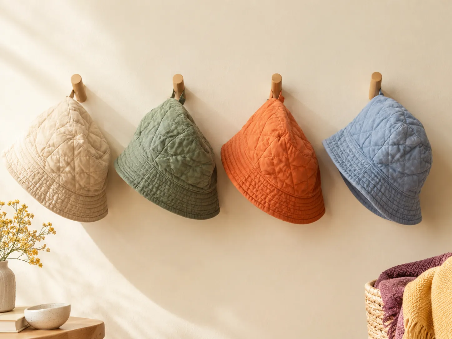 Quilted bucket hats hanging on wooden pegs on a cream wall