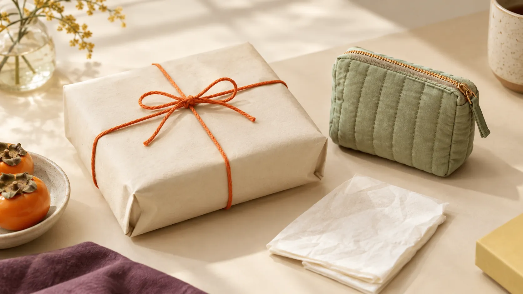 A parcel wrapped in cream paper tied with orange string beside a sage quilted pouch