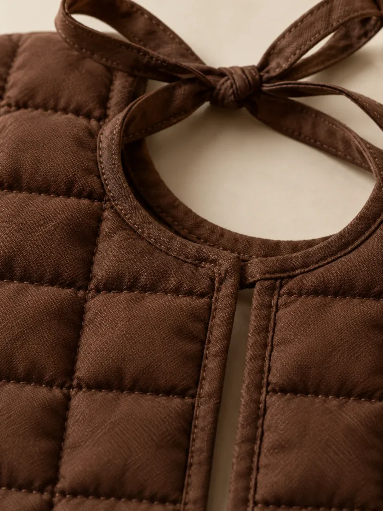 Close-up of the quilting and closure on the Bib Grid Collar