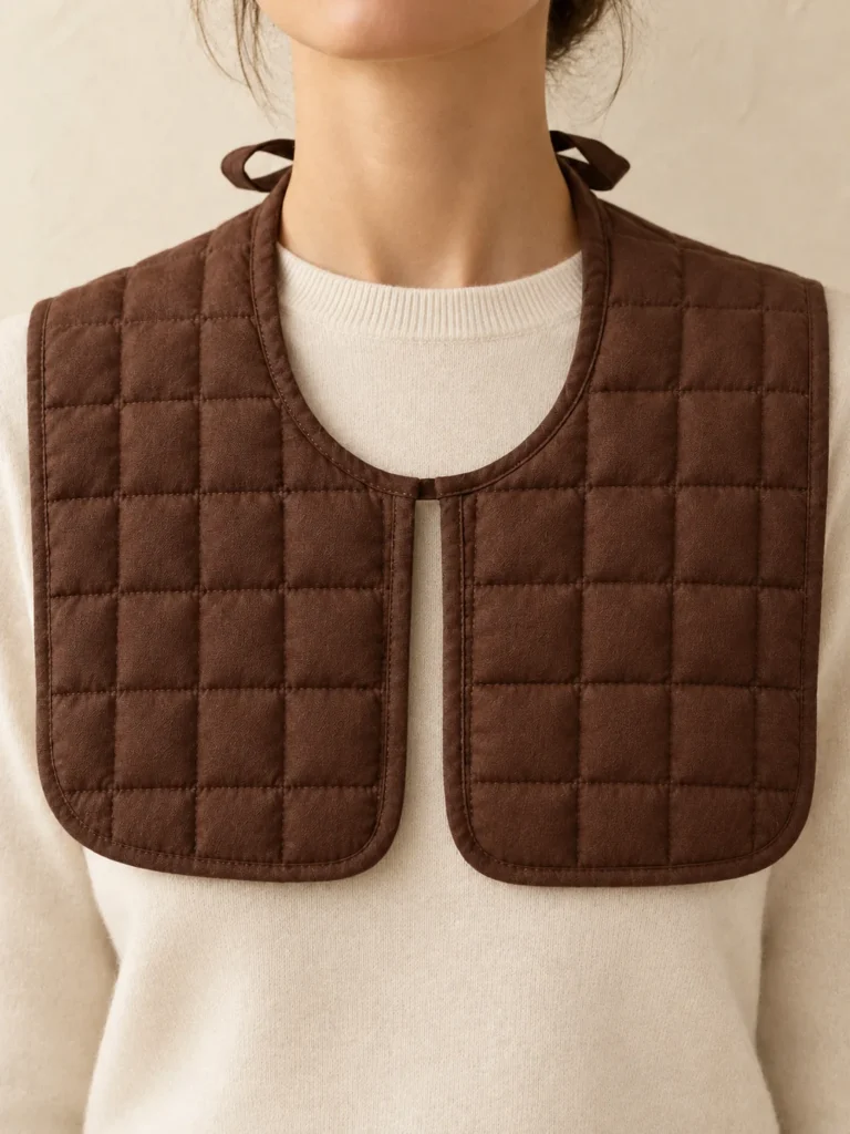 Bib Grid Collar in Cocoa, shown worn or carried to show its size