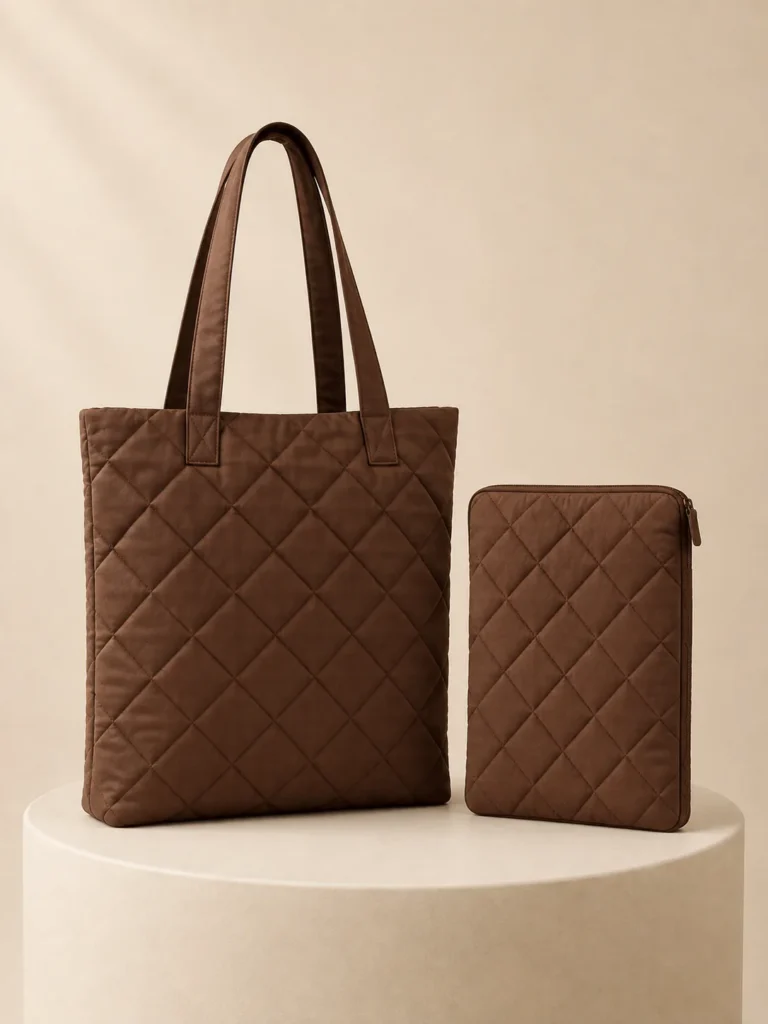 Book Tote & Sleeve Set in Cocoa, back and side view