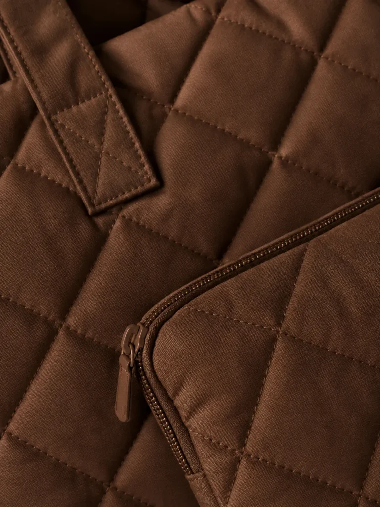 Close-up of the quilting and closure on the Book Tote & Sleeve Set