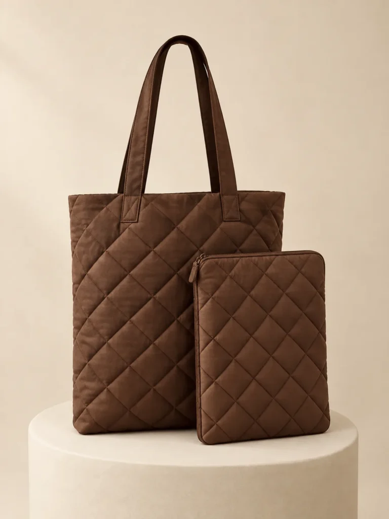 Book Tote & Sleeve Set in Cocoa, front view on a cream plinth
