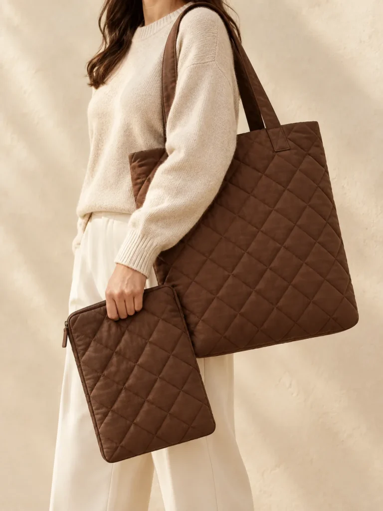 Book Tote & Sleeve Set in Cocoa, shown worn or carried to show its size