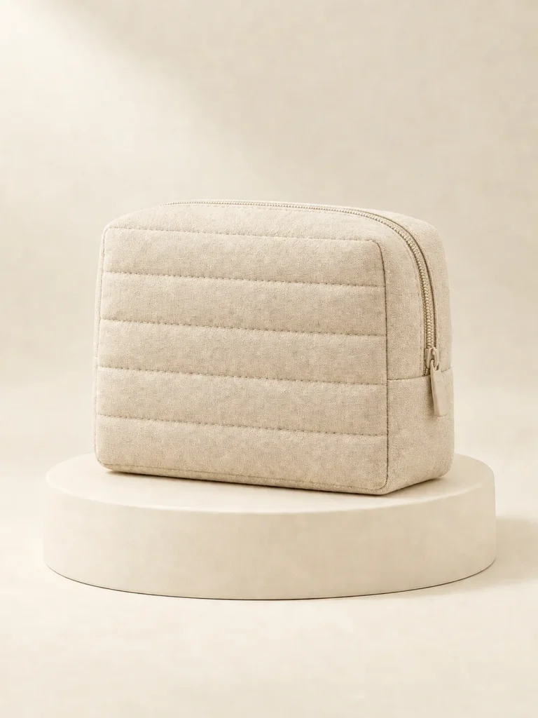 Channel Cosmetic Pouch in Oat, back and side view
