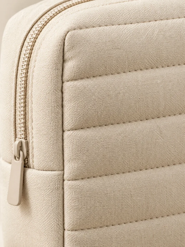 Close-up of the quilting and closure on the Channel Cosmetic Pouch