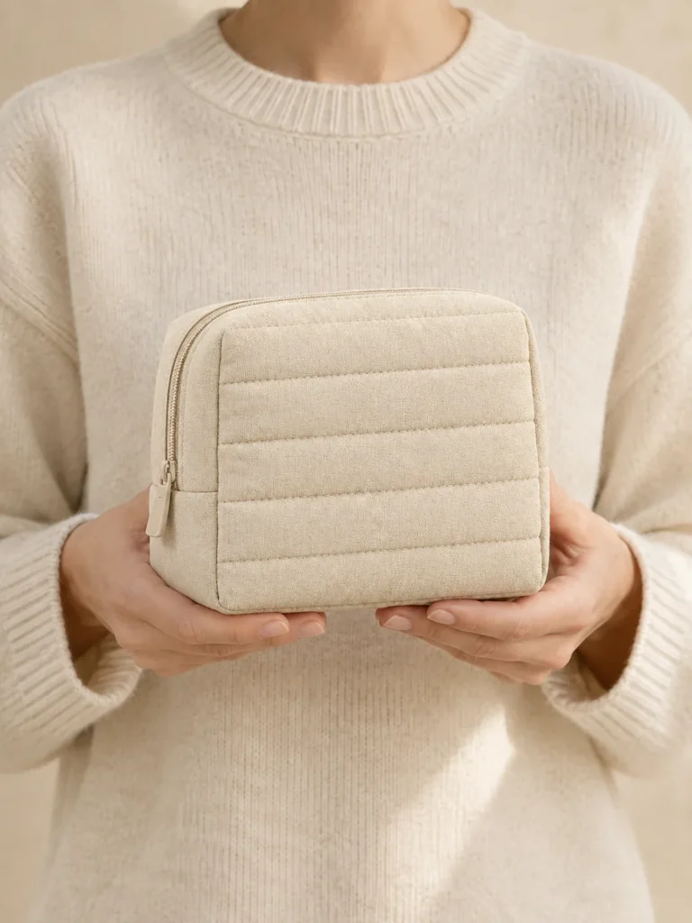 Channel Cosmetic Pouch in Oat, shown worn or carried to show its size