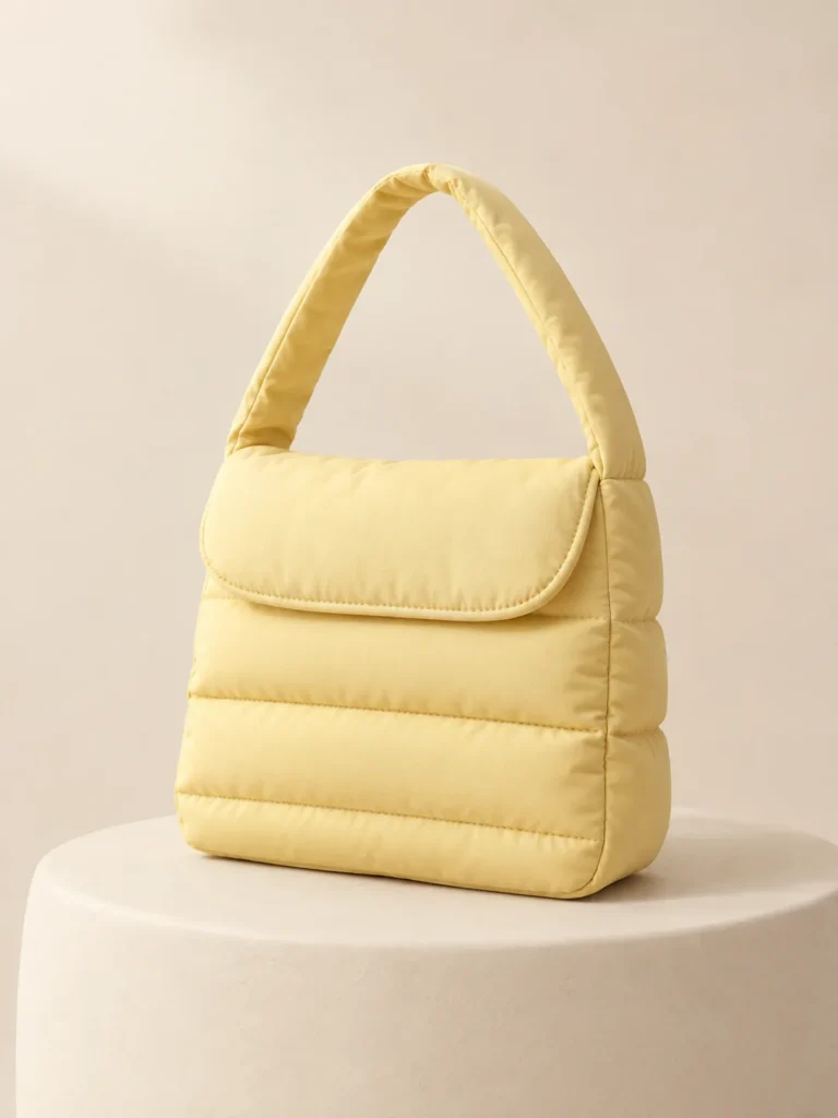 Cloud Flap Bag in Butter, front view on a cream plinth