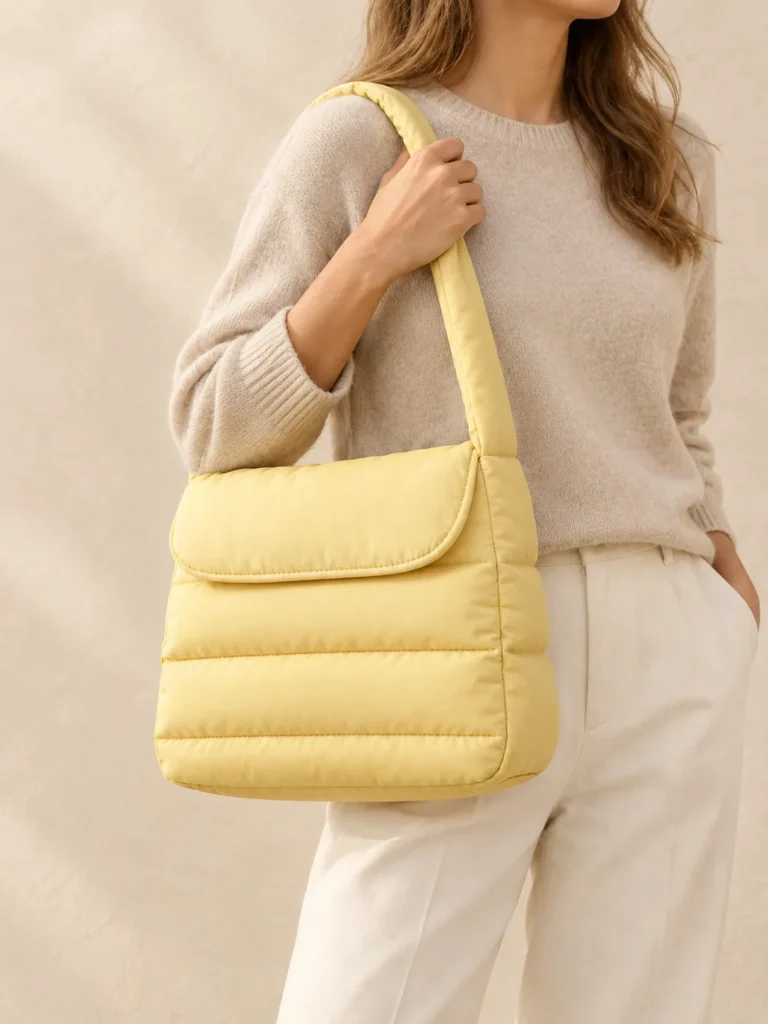 Cloud Flap Bag in Butter, shown worn or carried to show its size