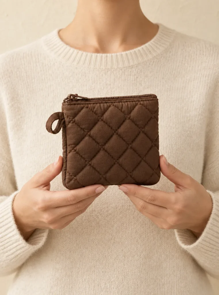 Diamond Card Pouch in Cocoa, shown worn or carried to show its size