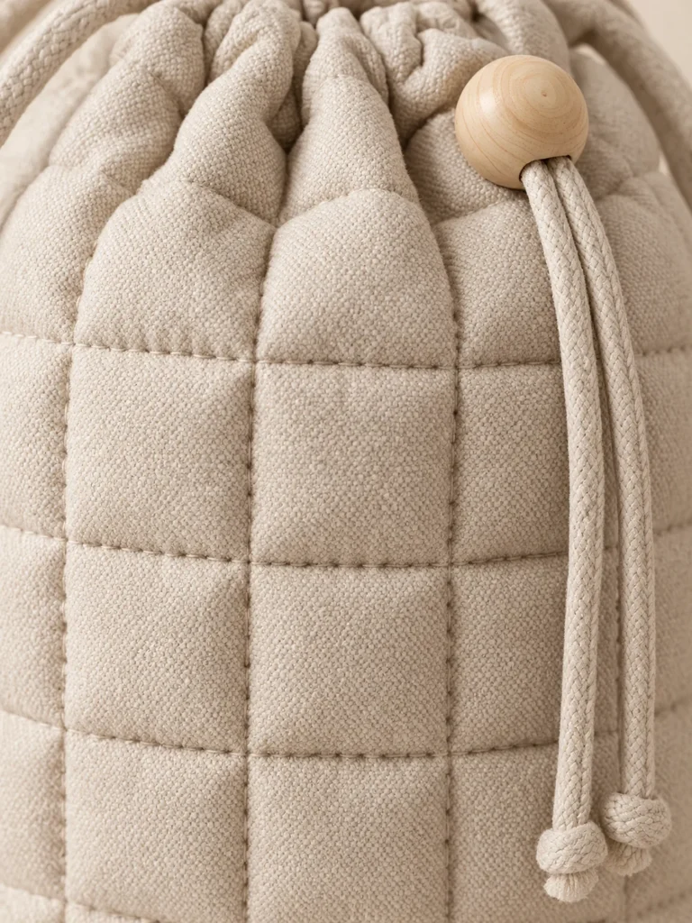 Close-up of the quilting and closure on the Drum Grid Drawstring
