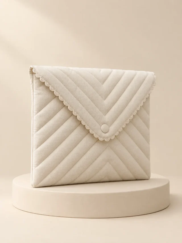 Envelope Flap Pouch in Cream, front view on a cream plinth