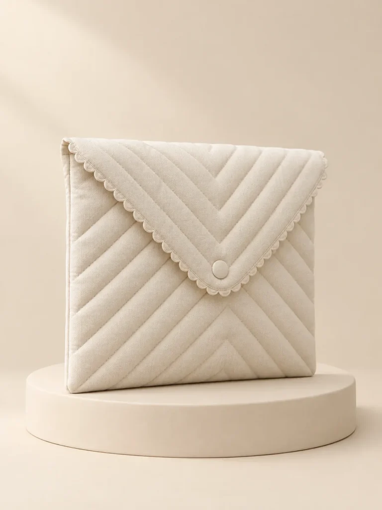 Envelope Flap Pouch in Cream, front view on a cream plinth