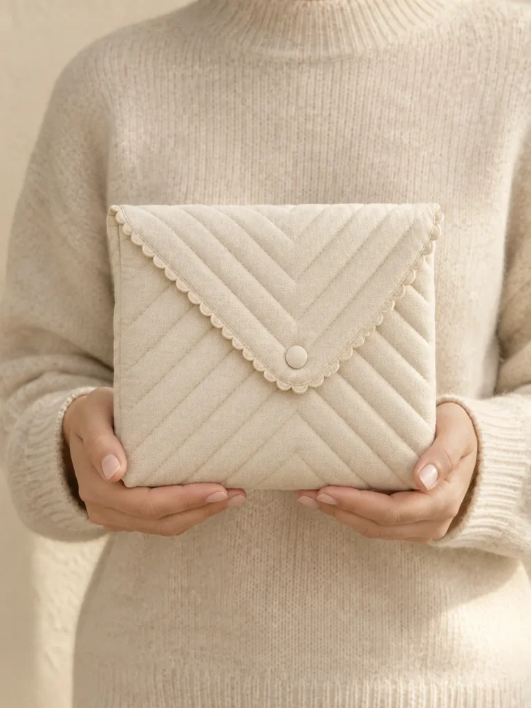 Envelope Flap Pouch in Cream, shown worn or carried to show its size