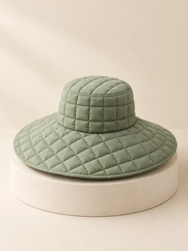Grid Soft Brim in Sage, front view on a cream plinth