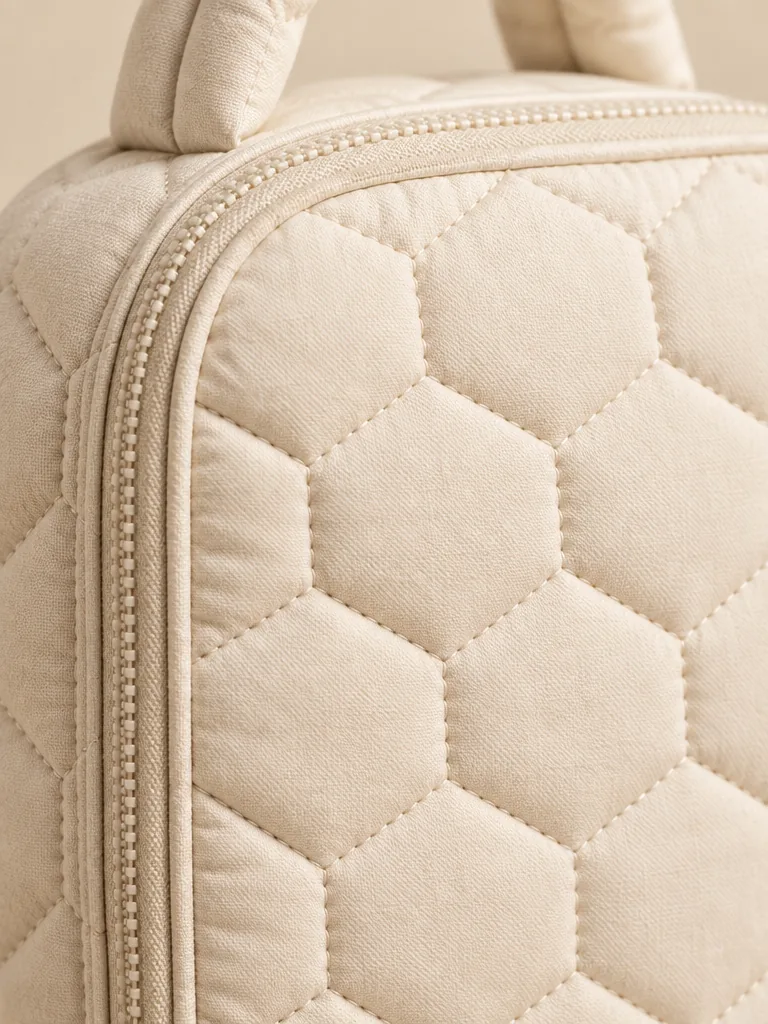 Close-up of the quilting and closure on the Honeycomb Hex Bag