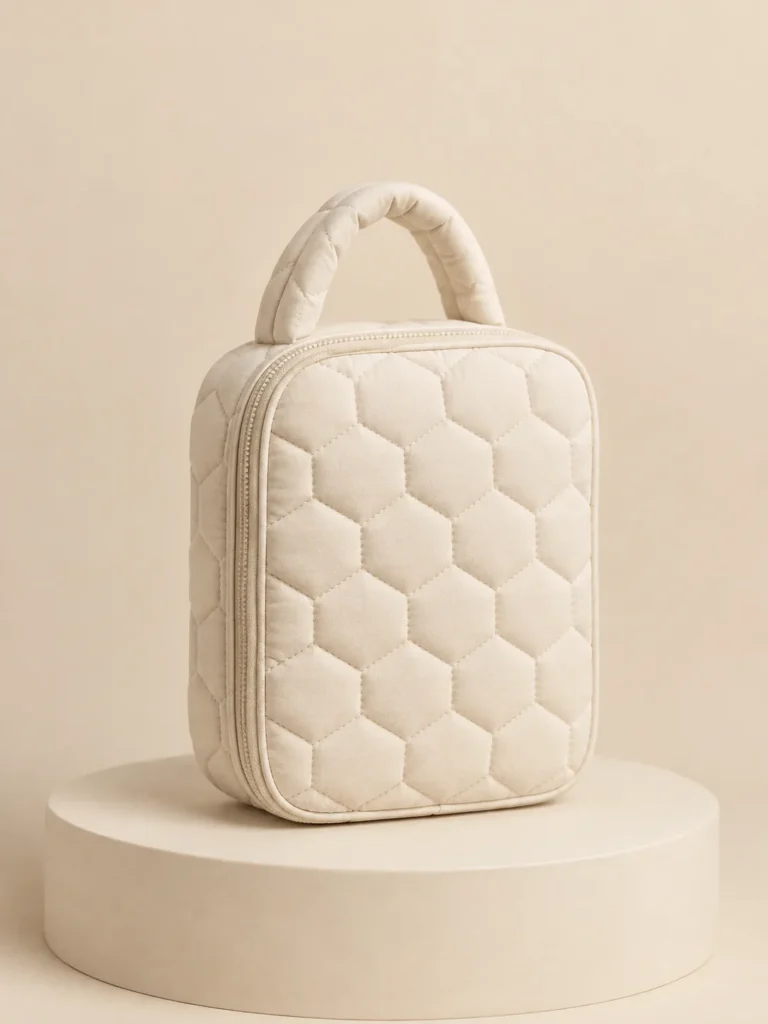 Honeycomb Hex Bag in Cream, front view on a cream plinth