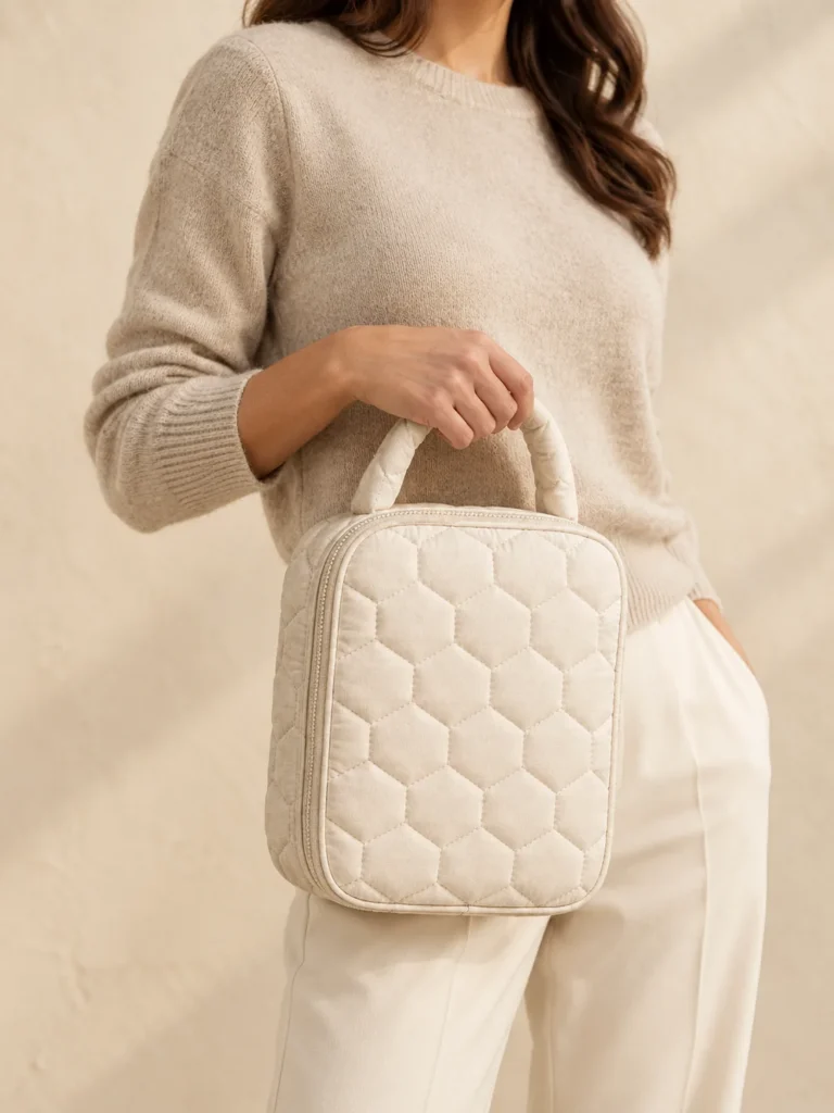 Honeycomb Hex Bag in Cream, shown worn or carried to show its size