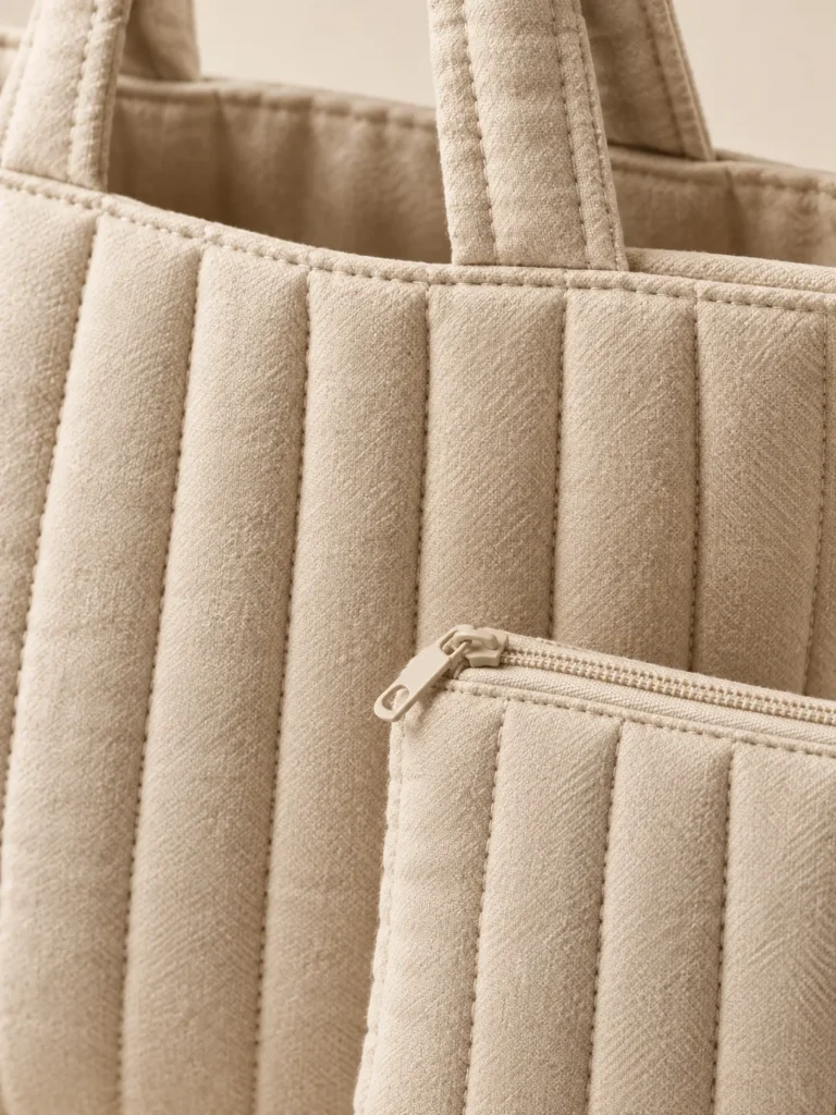 Close-up of the quilting and closure on the Market Tote & Pouch Set