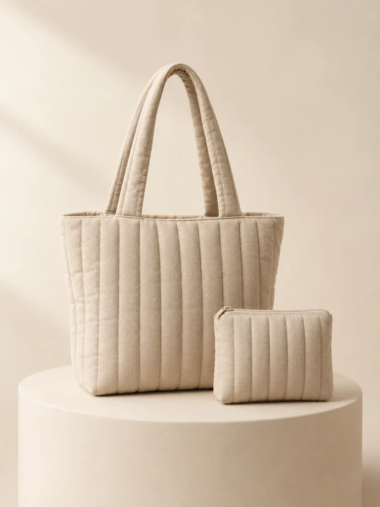 Market Tote & Pouch Set in Oat, front view on a cream plinth