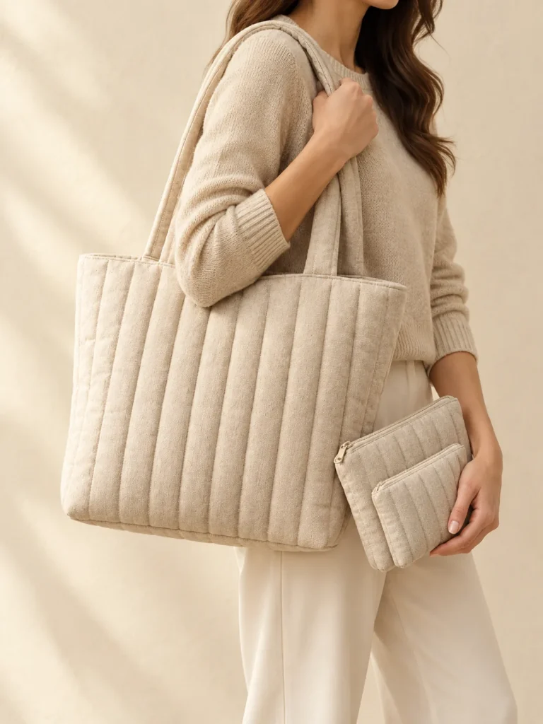 Market Tote & Pouch Set in Oat, shown worn or carried to show its size