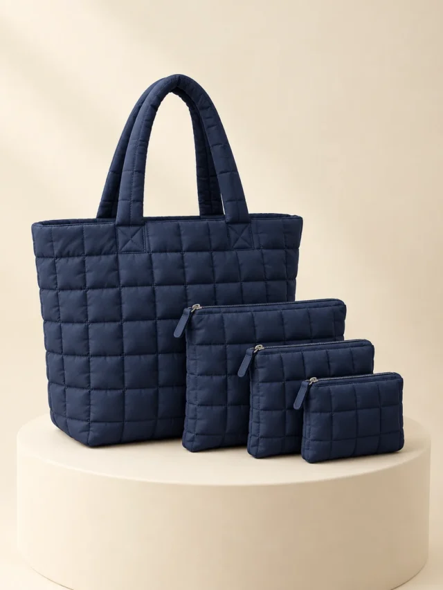 Organiser Tote Set in Ink Navy, front view on a cream plinth