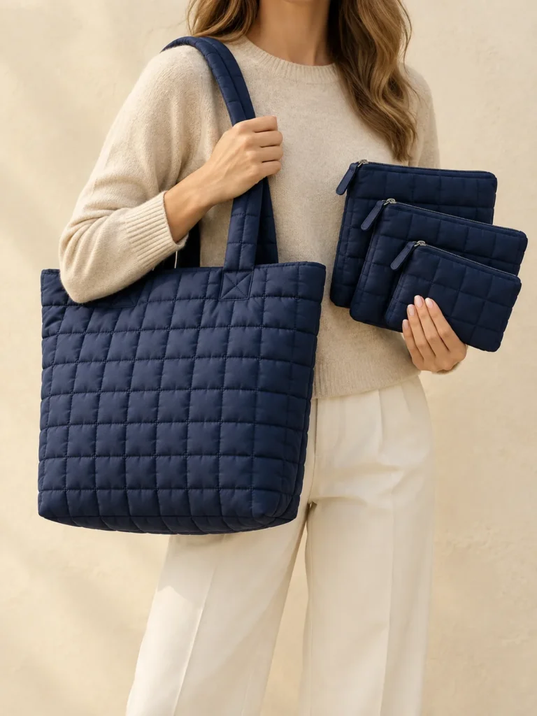 Organiser Tote Set in Ink Navy, shown worn or carried to show its size