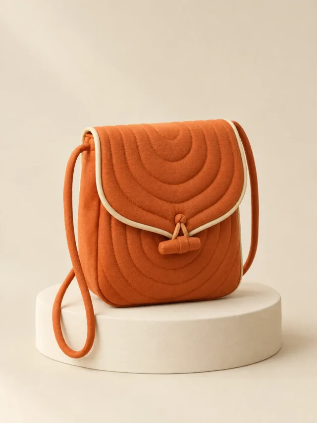 Petal Flap Mini in Persimmon & Cream, front view on a cream plinth