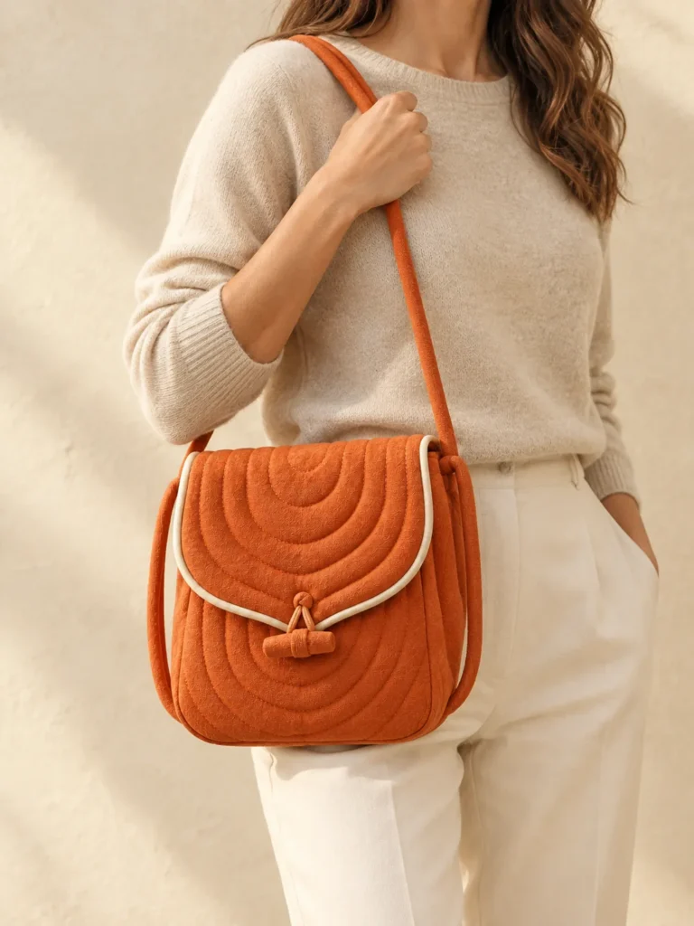 Petal Flap Mini in Persimmon & Cream, shown worn or carried to show its size
