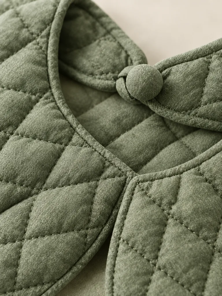 Close-up of the quilting and closure on the Petal Point Collar