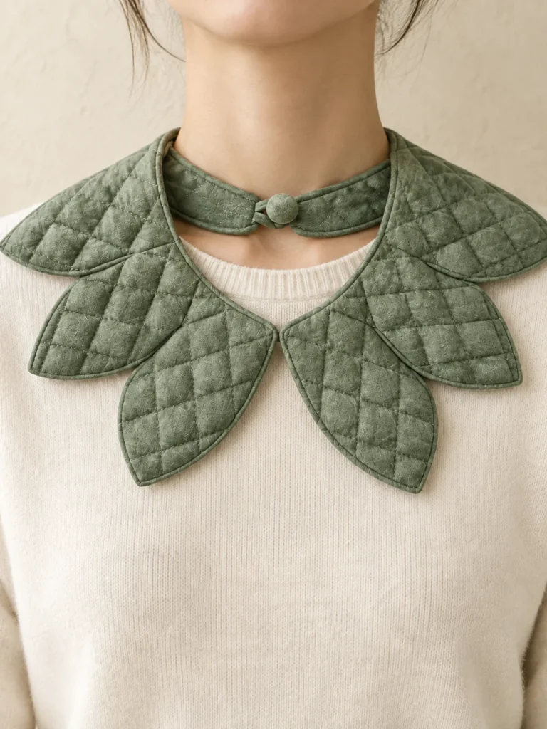 Petal Point Collar in Sage, shown worn or carried to show its size