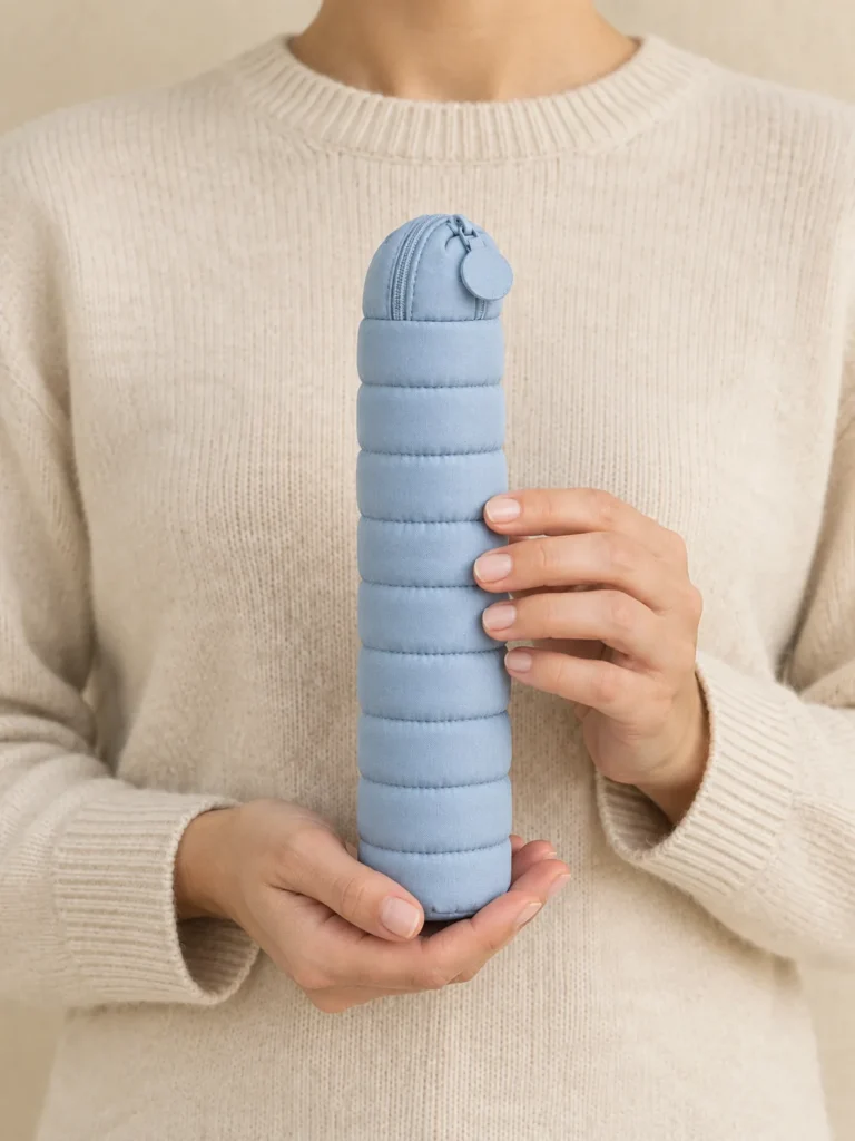 Pillow Pen Pouch in Powder Blue, shown worn or carried to show its size