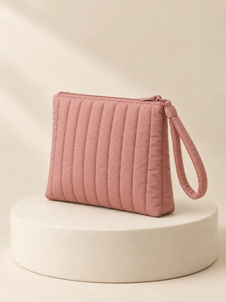 Pleat Pillow Wristlet in Clay Pink, back and side view