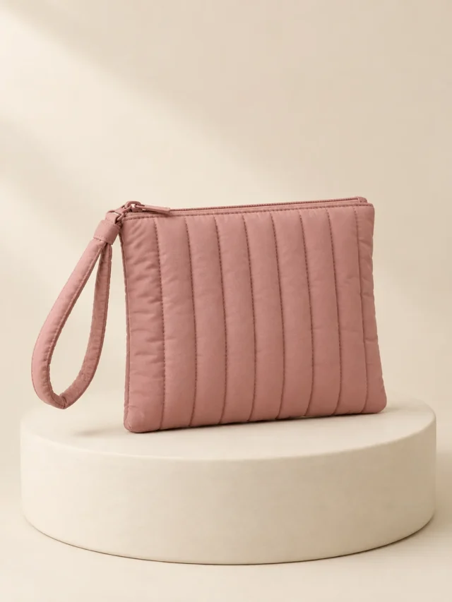 Pleat Pillow Wristlet in Clay Pink, front view on a cream plinth