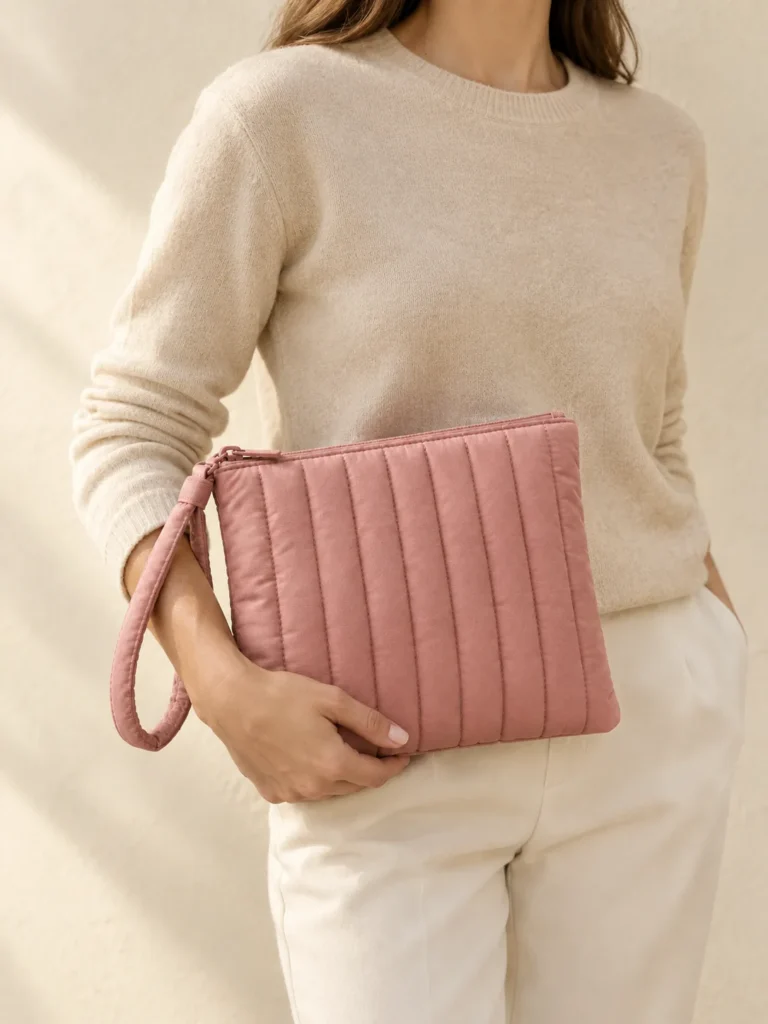 Pleat Pillow Wristlet in Clay Pink, shown worn or carried to show its size