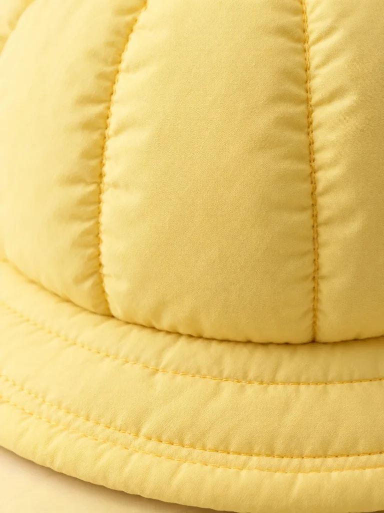 Close-up of the quilting and closure on the Puff Crown Hat