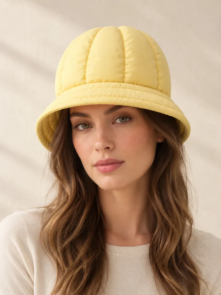 Puff Crown Hat in Butter, shown worn or carried to show its size