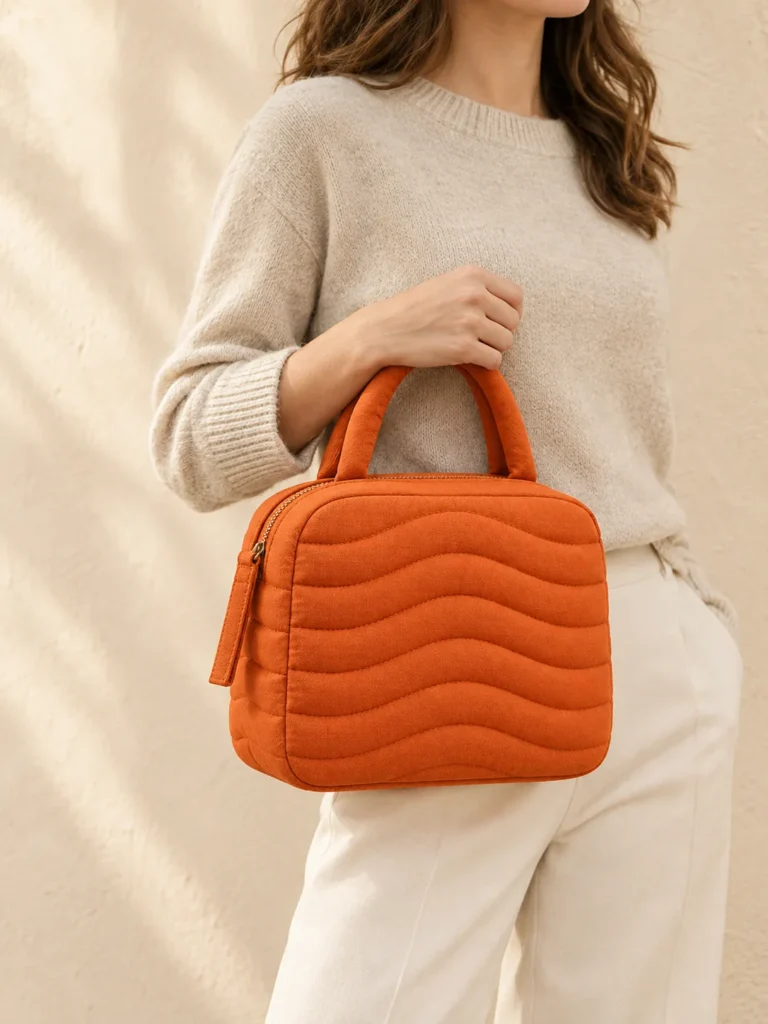 Ripple Channel Mini in Persimmon, shown worn or carried to show its size