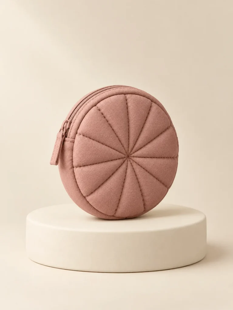 Round Coin Puff in Clay Pink, front view on a cream plinth