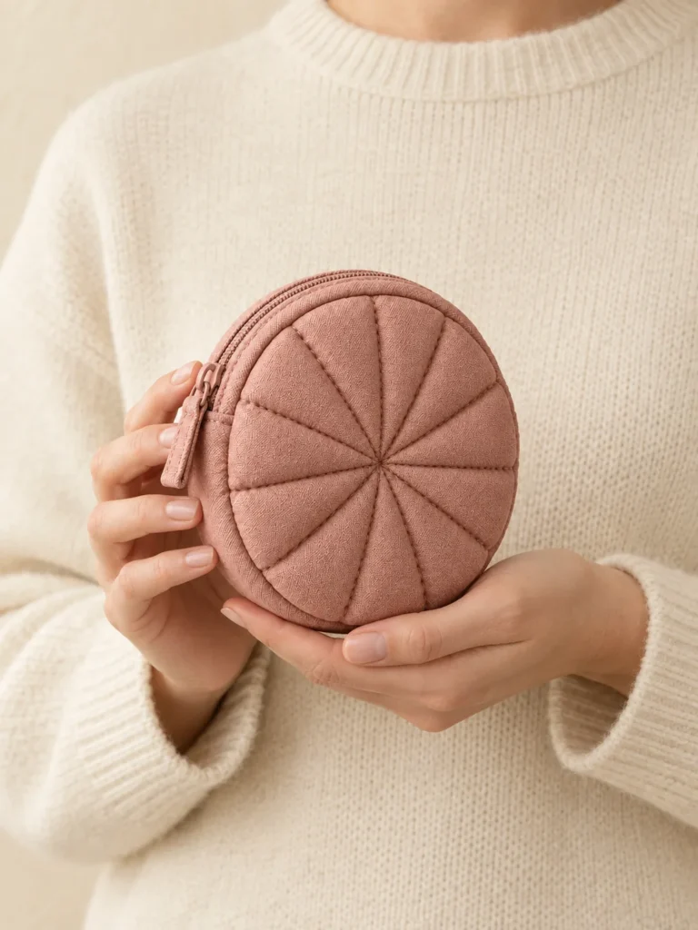 Round Coin Puff in Clay Pink, shown worn or carried to show its size