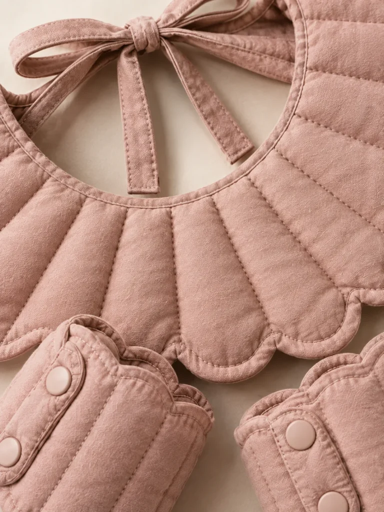 Close-up of the quilting and closure on the Scallop Collar & Cuff Set