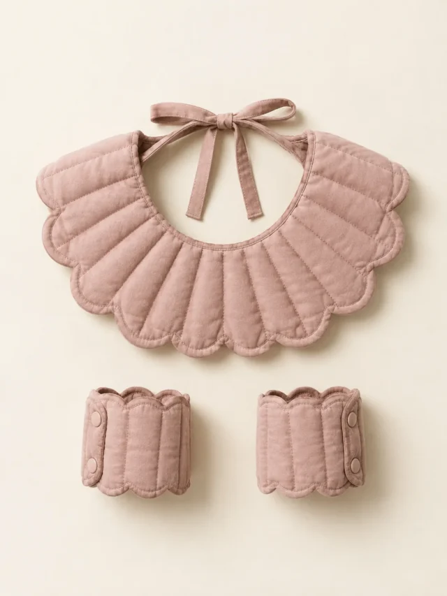 Scallop Collar & Cuff Set in Clay Pink, front view on a cream plinth