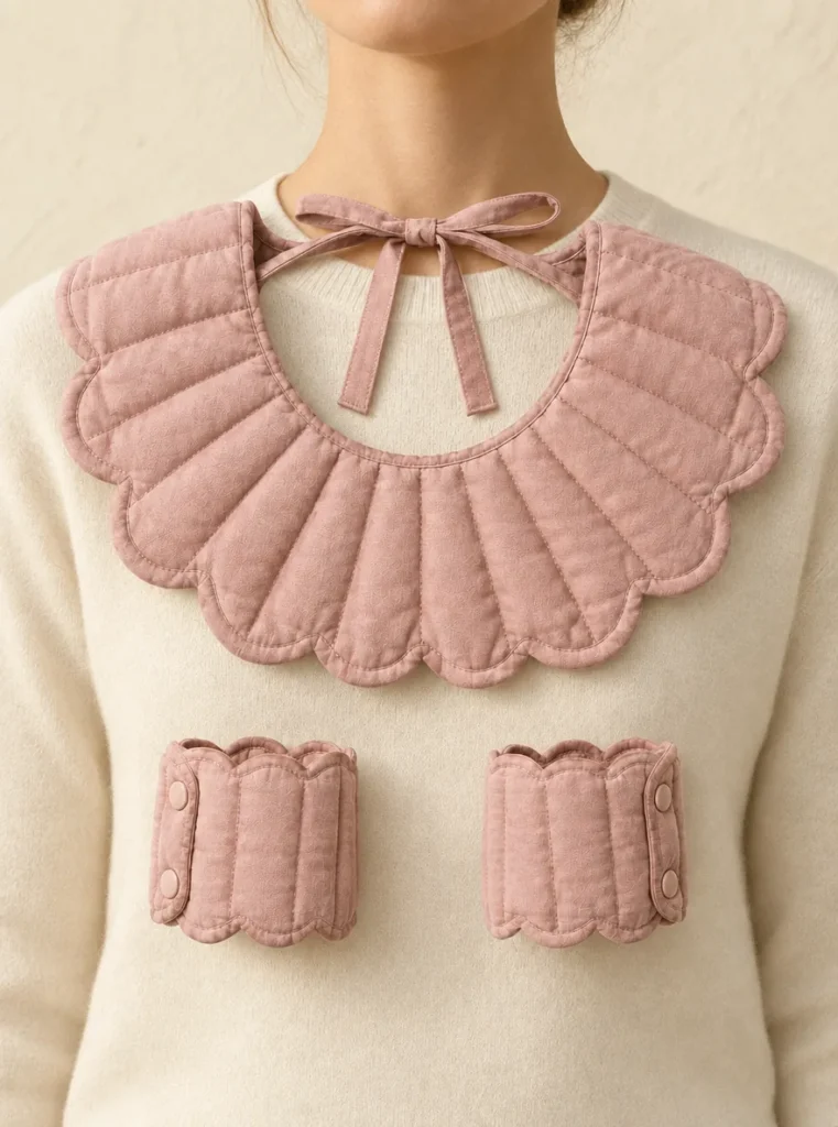 Scallop Collar & Cuff Set in Clay Pink, shown worn or carried to show its size