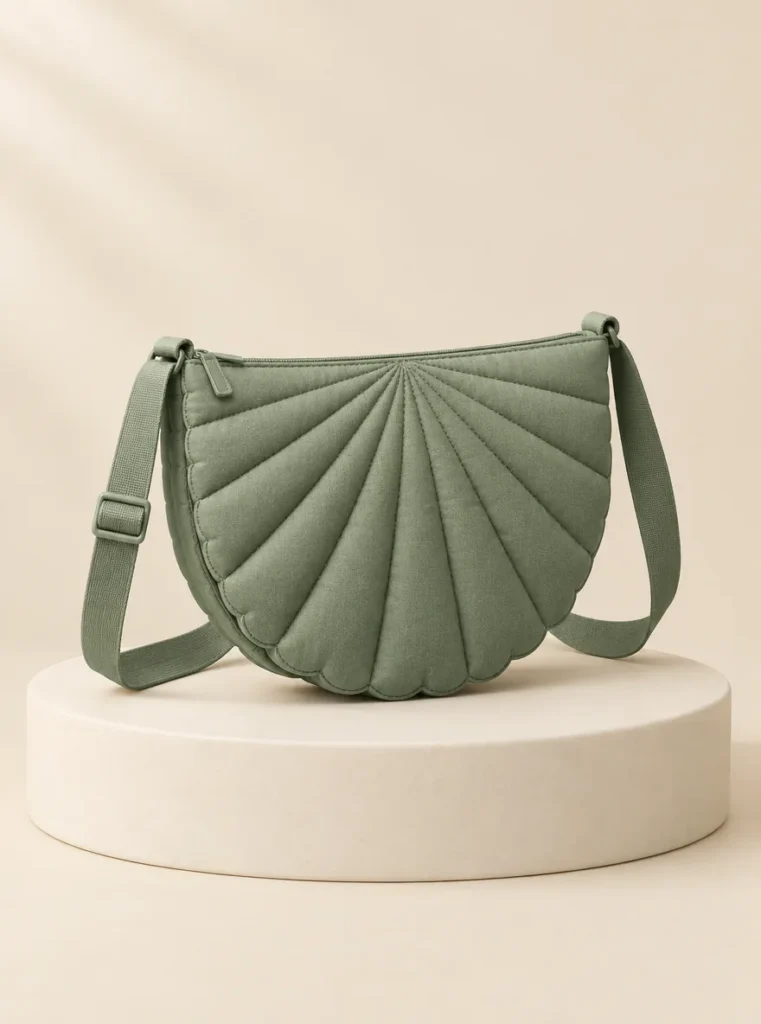 Scallop Moon Crossbody in Sage, front view on a cream plinth