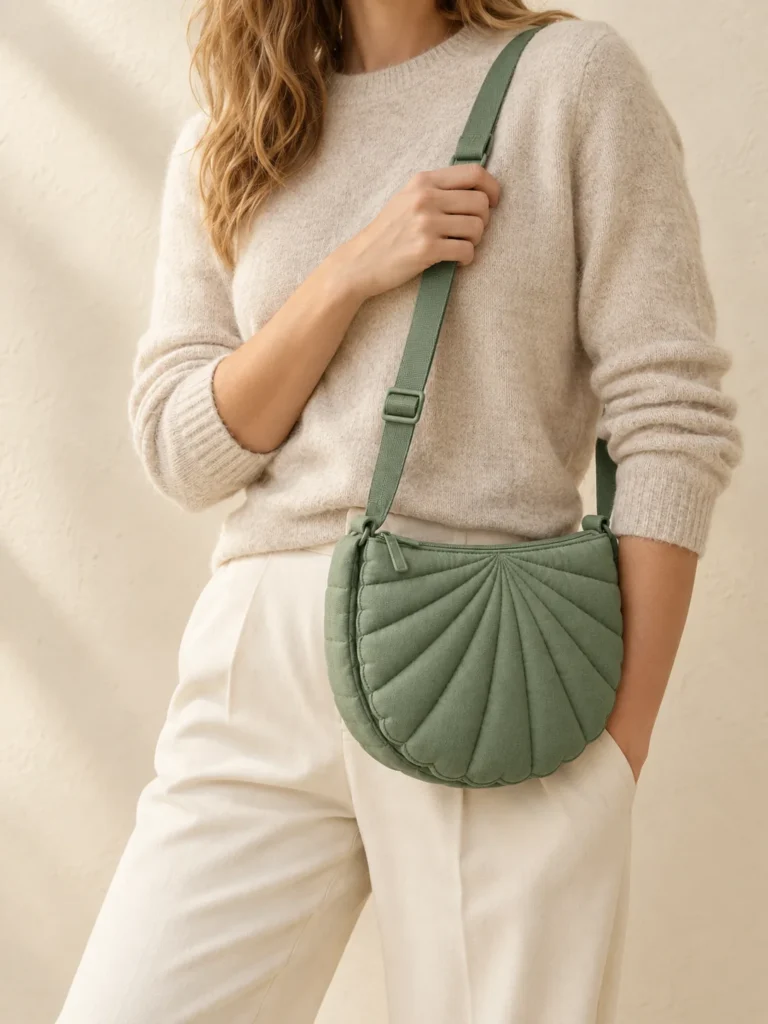 Scallop Moon Crossbody in Sage, shown worn or carried to show its size